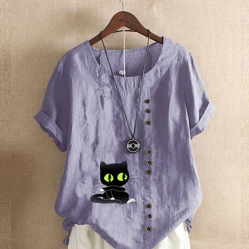 Women's Fashion Round Neck Short Sleeve T-shirt Casual Cotton Linen Graphic Shirt Leisure Loose Black Cat Prined Summer Blouse Tops