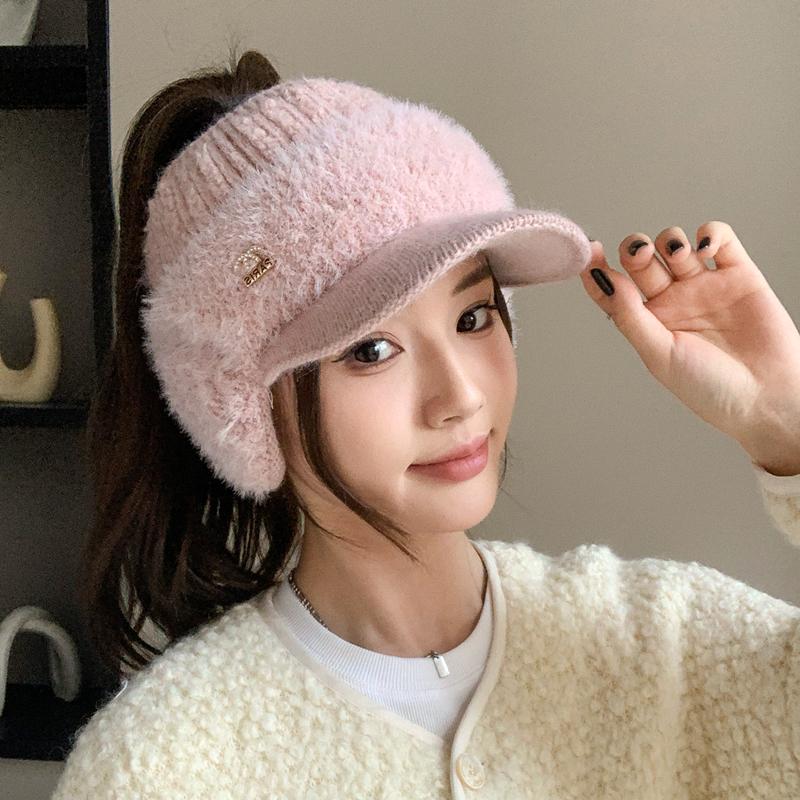 Новая женская зимняя шапка из меха кролика, плюшевая меховая подкладка, теплые шапки для женщин, повседневная зимняя вязаная козырек