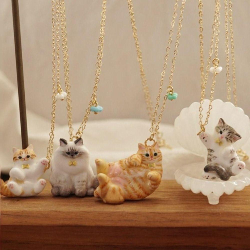 18K Gold Plated Stainless Steel Cat Necklace Copper Gold Clavicle Chain Cat Pendant Necklace Gifts