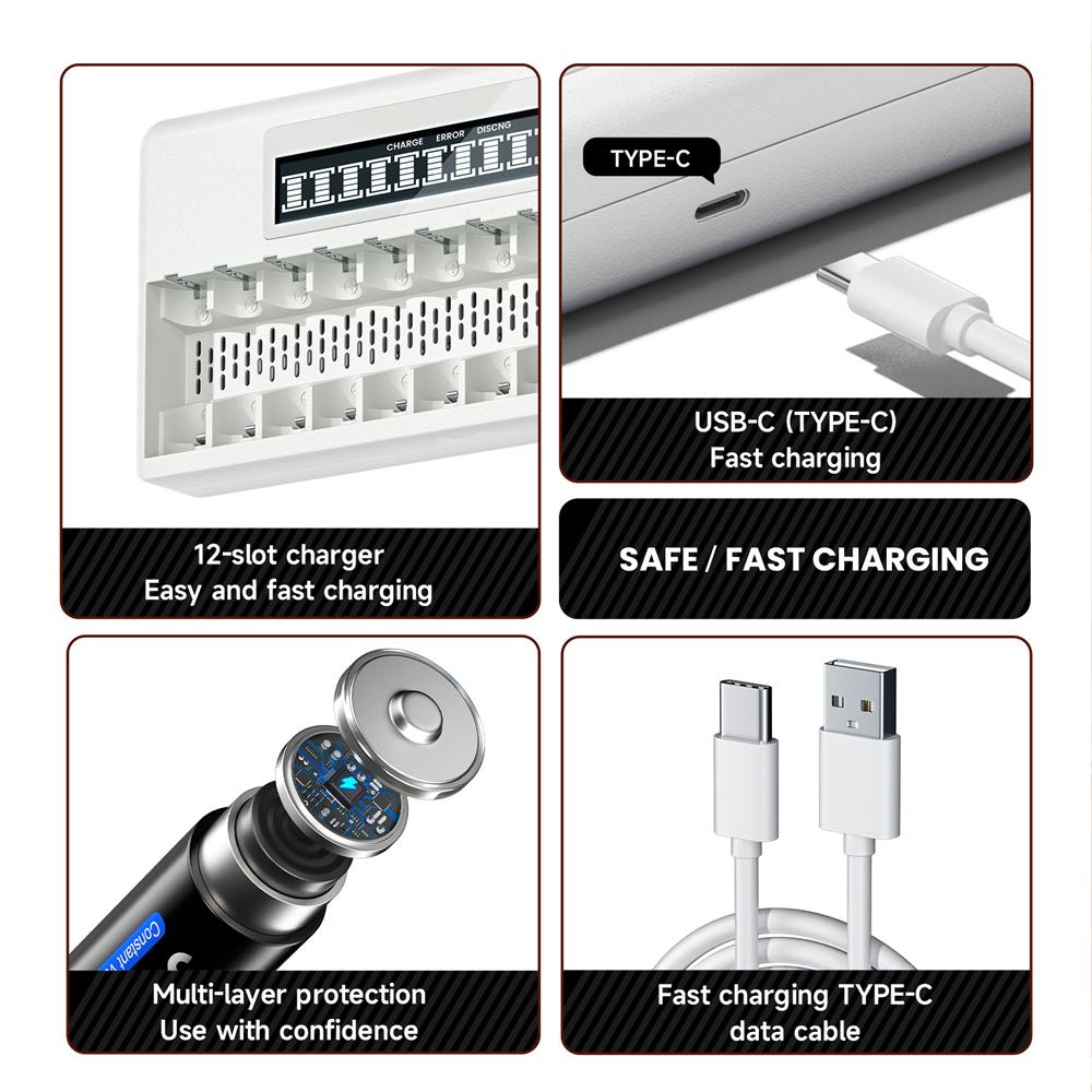 PALO 4-40 Pcs Rechargeable AA+AAA 1.5V Li-ion Batteries 3500+1300 mWh HR6 HR03 Battery with 12 Slots LCD USB 1.5V Li-ion Battery Charger