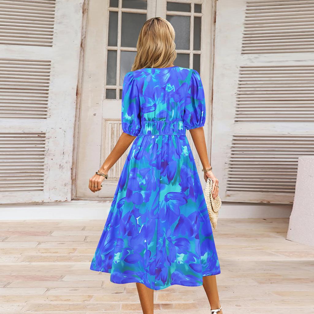 Summer Women's V-Neck Printed Dress A-Line Skirt