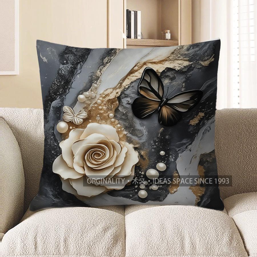 Home Decor Marble Pattern With Rose & Butterfly Pillow Pattern Cushion Cover Suitable For Sofa Bedroom Car Pillow Cover