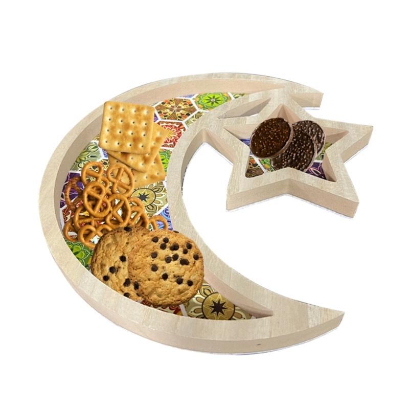 Stylish Wood Dessert Tray with Moon and Star Shape Delicate Dessert Container Natural Wood Sweets Storage Containers