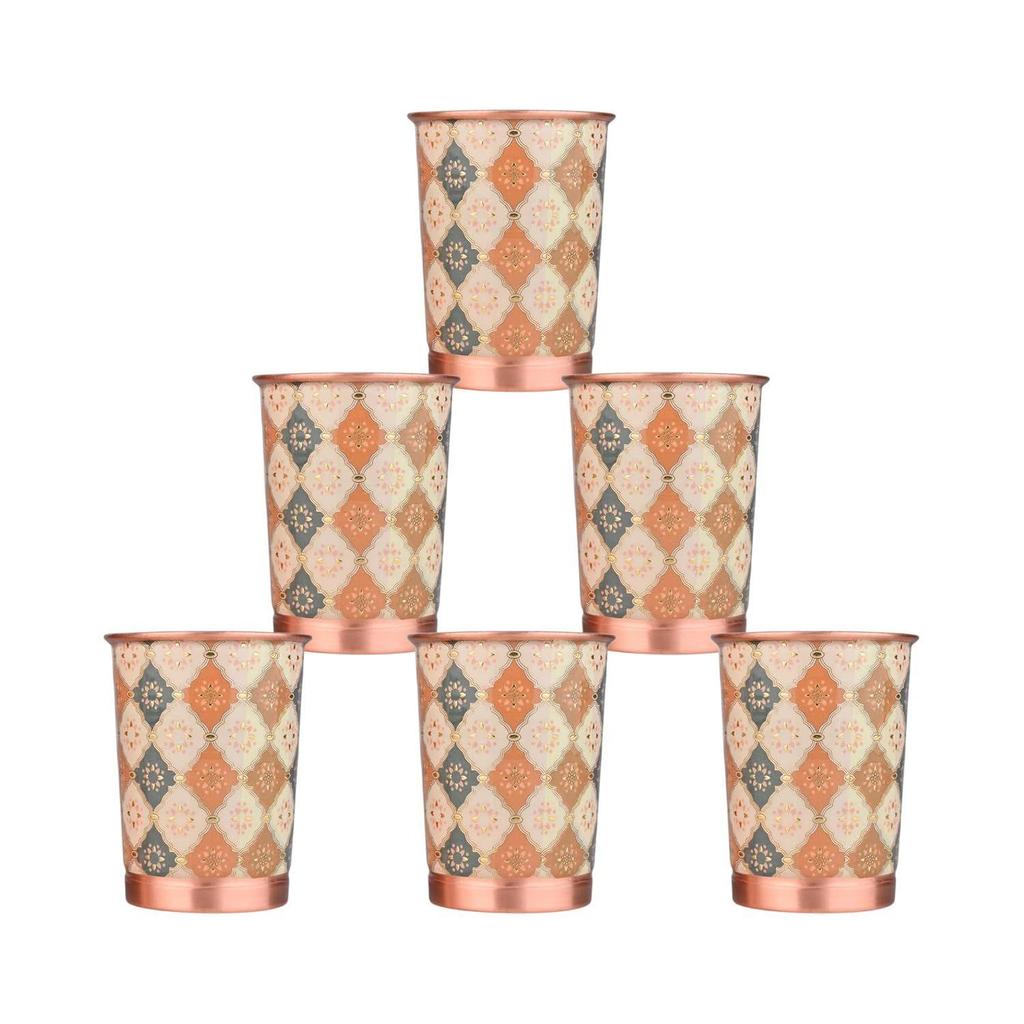 Copper Printed Design 250ML Water Glass with Rust Proof Protection for Home and Office Use Ayurveda and Yoga Health Benefits Glass Set of 6