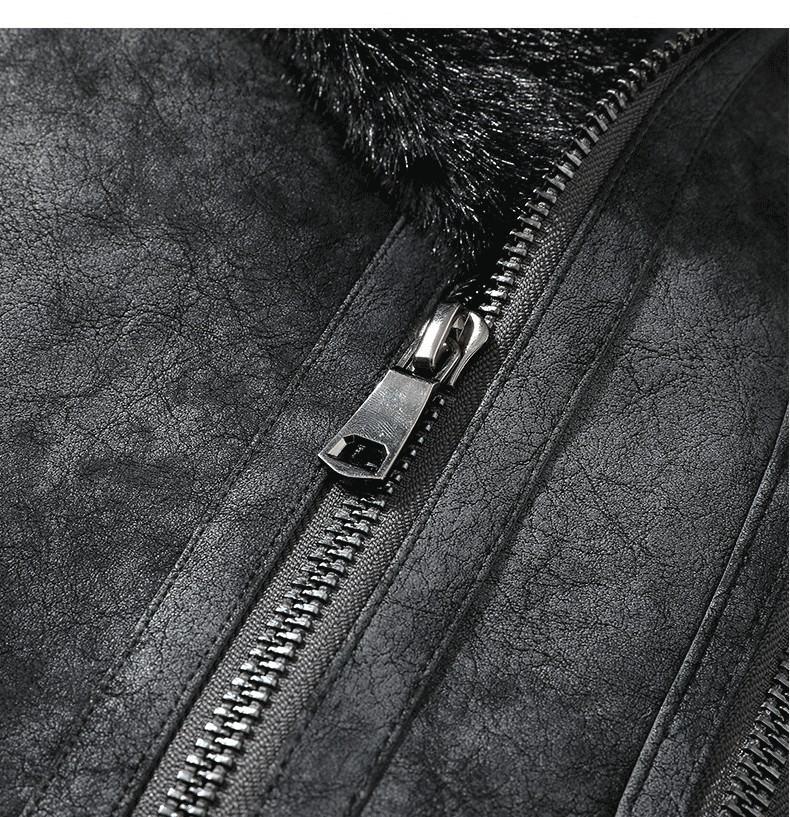 JK2035 Мужская куртка большого размера из кожи и меха с лацканами - Утепленная бархатная для осени/зимы