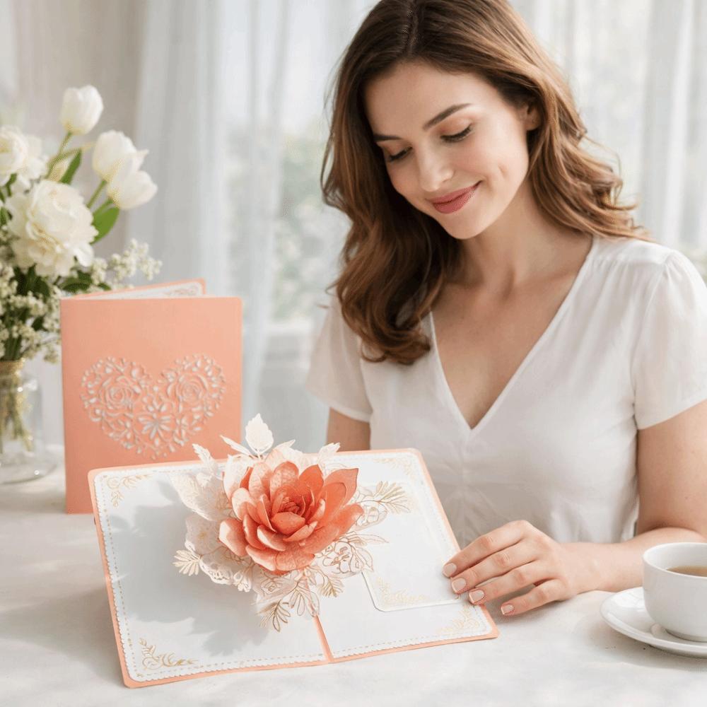 Romantic Pop Up 3D Rose Flower Card Paper Sculpture Elegant 3D Flower Greeting Card with Envelope Blessing Romantic Wedding Card