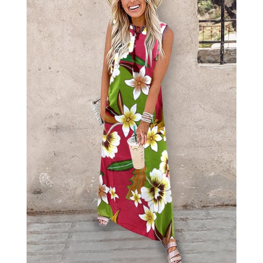 Summer Women Digital Position Print Sleeveless Long Lace Up Dress