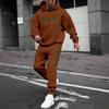 Men's Casual Solid Color Letter-printed Sweatshirt Set, Men's Fleece Hooded Drawstring Sweatshirt And Sweatpants Two-piece Set
