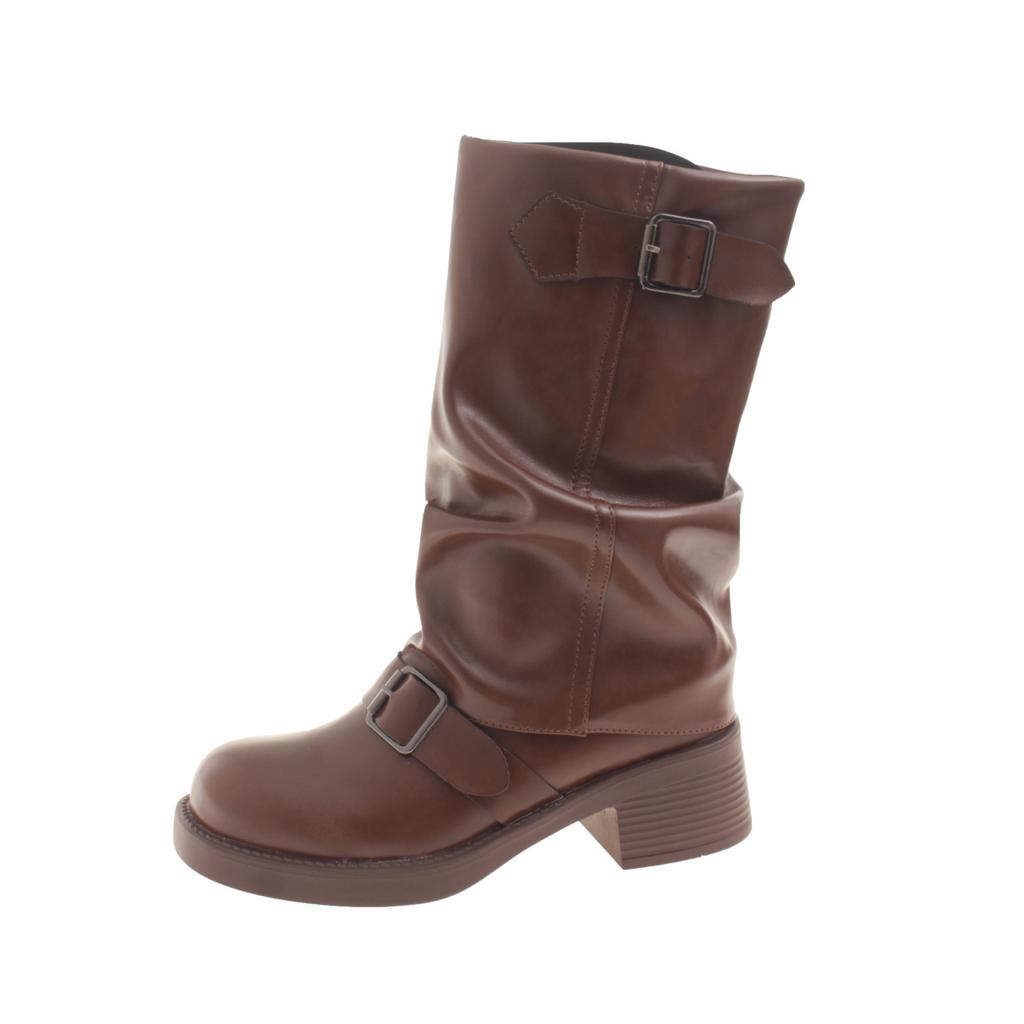 Модные рыцарские сапоги для женщин 2025 Осень Коричневые сапоги до середины икры из ПУ кожи Плиссированные с пряжкой Женские слипоны на толстом каблуке Сапоги для верховой езды Mujer