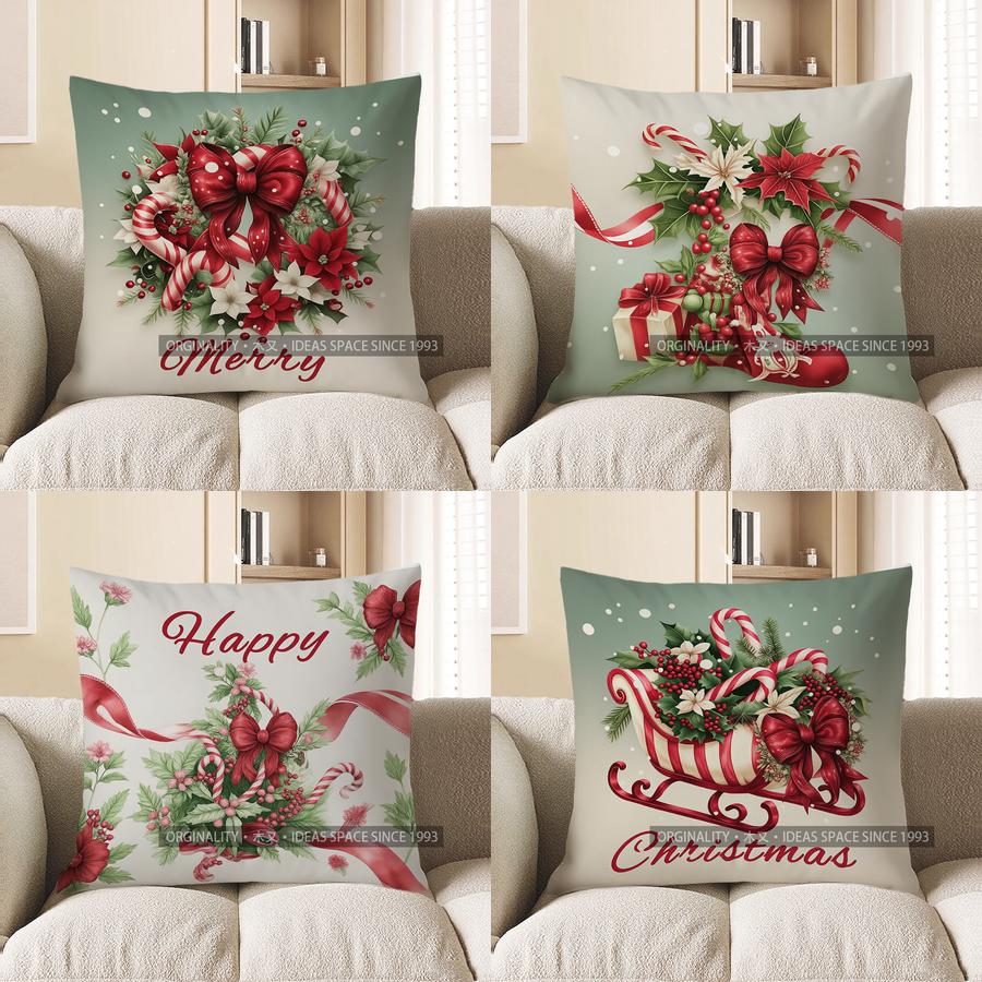 Home Decor Christmas Wreath With Candy Cane And Bow Pillow Pattern Cushion Cover Suitable For Sofa Bedroom Car Pillow Cover