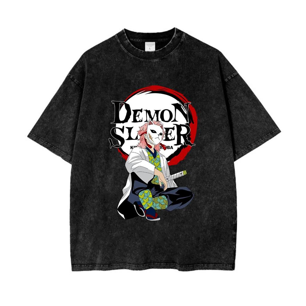 Футболка Demon Slayer с эффектом выцветания Футболка Demon Slayer с кислотной стиркой Ретро футболка с аниме-принтом Футболка с маской лисы Подарок для него