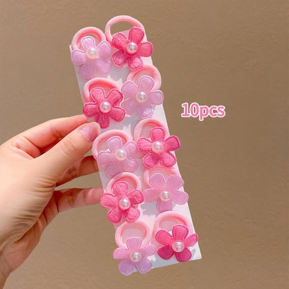 10Pcs/Set Pink Flower Ponytail Holders Pearl Decor Hair Ties Set Sweet Style Hair Bands Party Wear