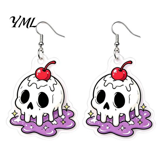 Creative Holiday Jewelry 1 Pair Acrylic Halloween Earrings for Women, 2D Flat Cute Cartoon Ghost Skull Dangle Drop Earrings, Gifts Costume Casual