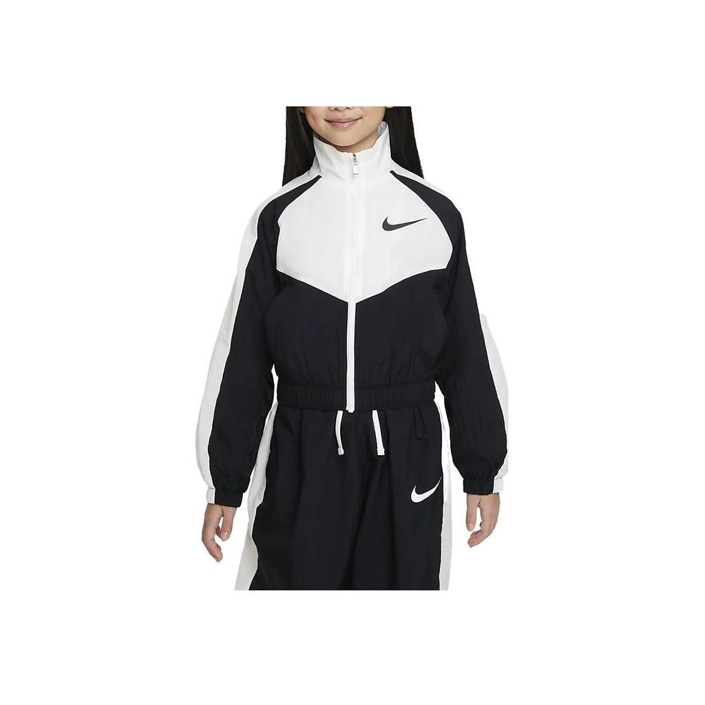 Nike Color Block Logo Print Stand Collar Long Sleeve Jacket Kids Jackets Black White FB1267-010