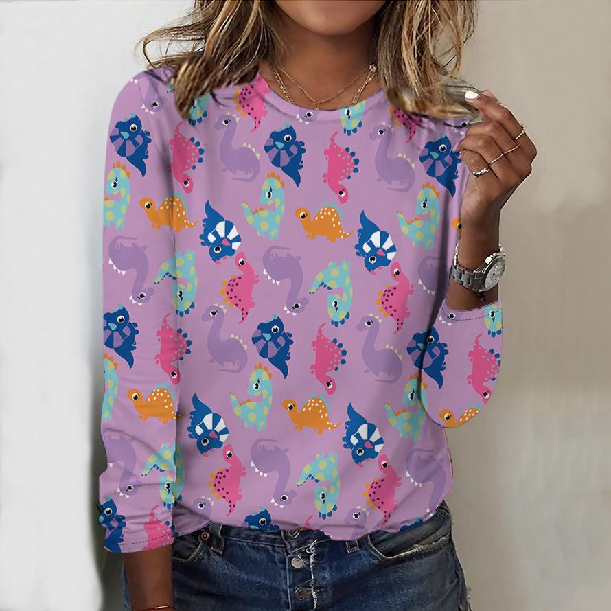 Tops For Women Mini Animals Print Round Neck Long Sleeve T-shirt Fall Casual Slim Pullover Women's Long Sleeve Top