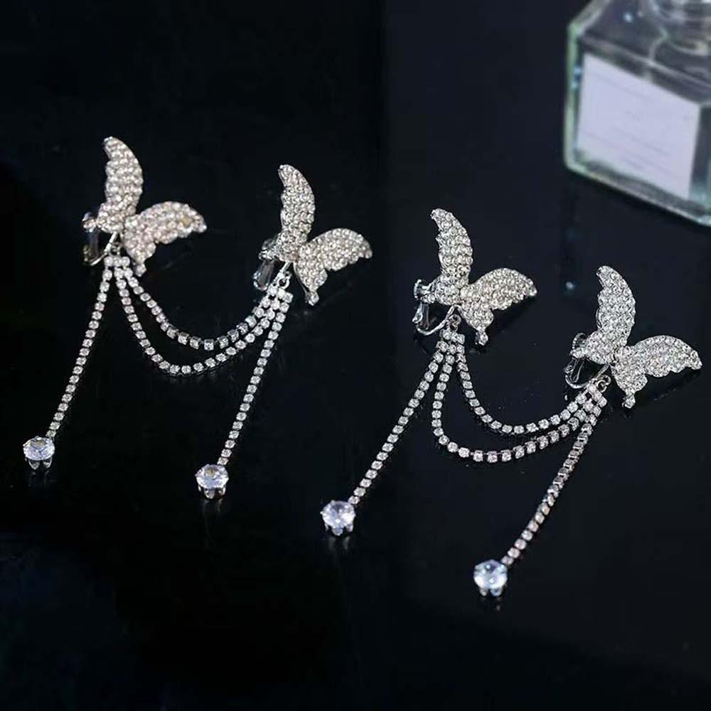 1 pair Luxury Rhinestone Butterfly Earrings Alloy Jewelry Silver Tassel Ear Clip Elegant Inlaid Design