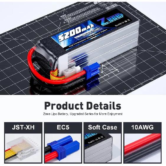 Zeee 6S 5200mAh Lipo Battery 22.2V 100C Softcase with EC5 Plug for RC Car Airplane Helicopter Truck Buggy Boat RC Models Parts