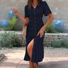 Women's Button Down Ruched Long Dress Casual Short Sleeve V-Neck Maxi Dress Summer Beach A-Line