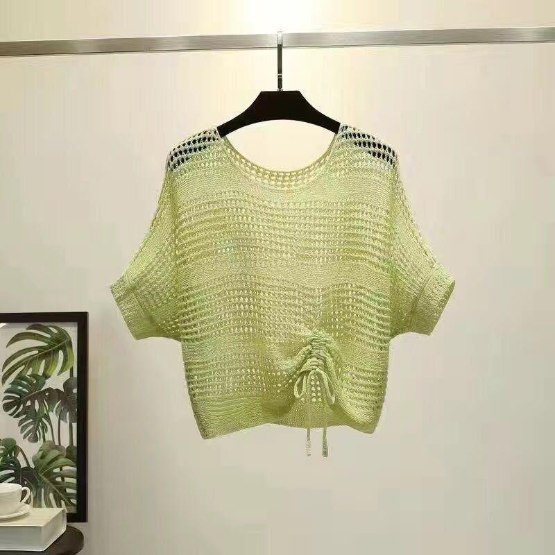 Вязаная женская летняя накидка с короткими рукавами в Корейском стиле, свободный короткий пуловер на шнурке, сетчатая рубашка