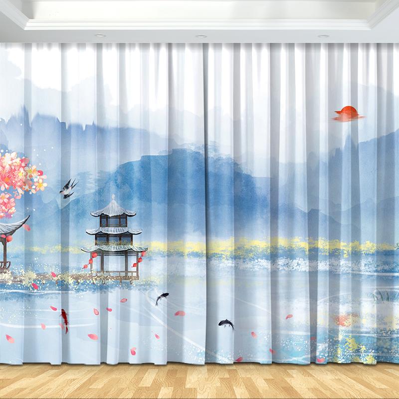Новая китайская занавеска Японский пейзаж Полутеневая занавеска Печатный крючок для штор Спальня Гостиная Кухня Пол Окно Занавеска
