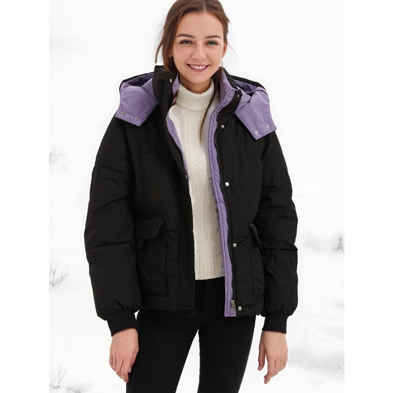 Women Autumn Winter Hooded Padded Warm Color Block Short Cotton Coat