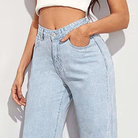 Women Jeans with Pockets High Waist Button Zipper Closure Straight Pants Solid Color Vintage American Style Denim Trousers for Daily Wear Scool