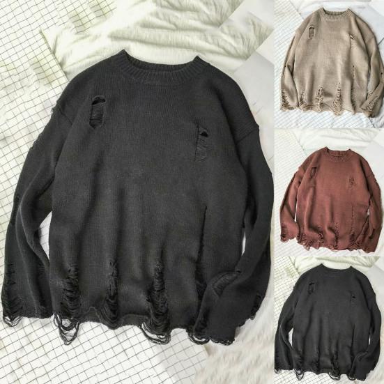 Men Sweater Solid Color Ripped O Neck Oversized Couple Sweater