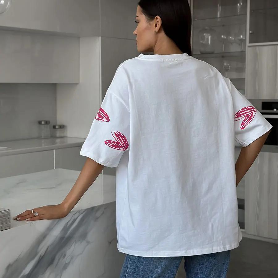 Повседневная женская футболка с круглым вырезом и принтом сердца, летняя свободная хлопковая женская футболка с короткими рукавами, базовые топы, рубашки, футболки, женская одежда