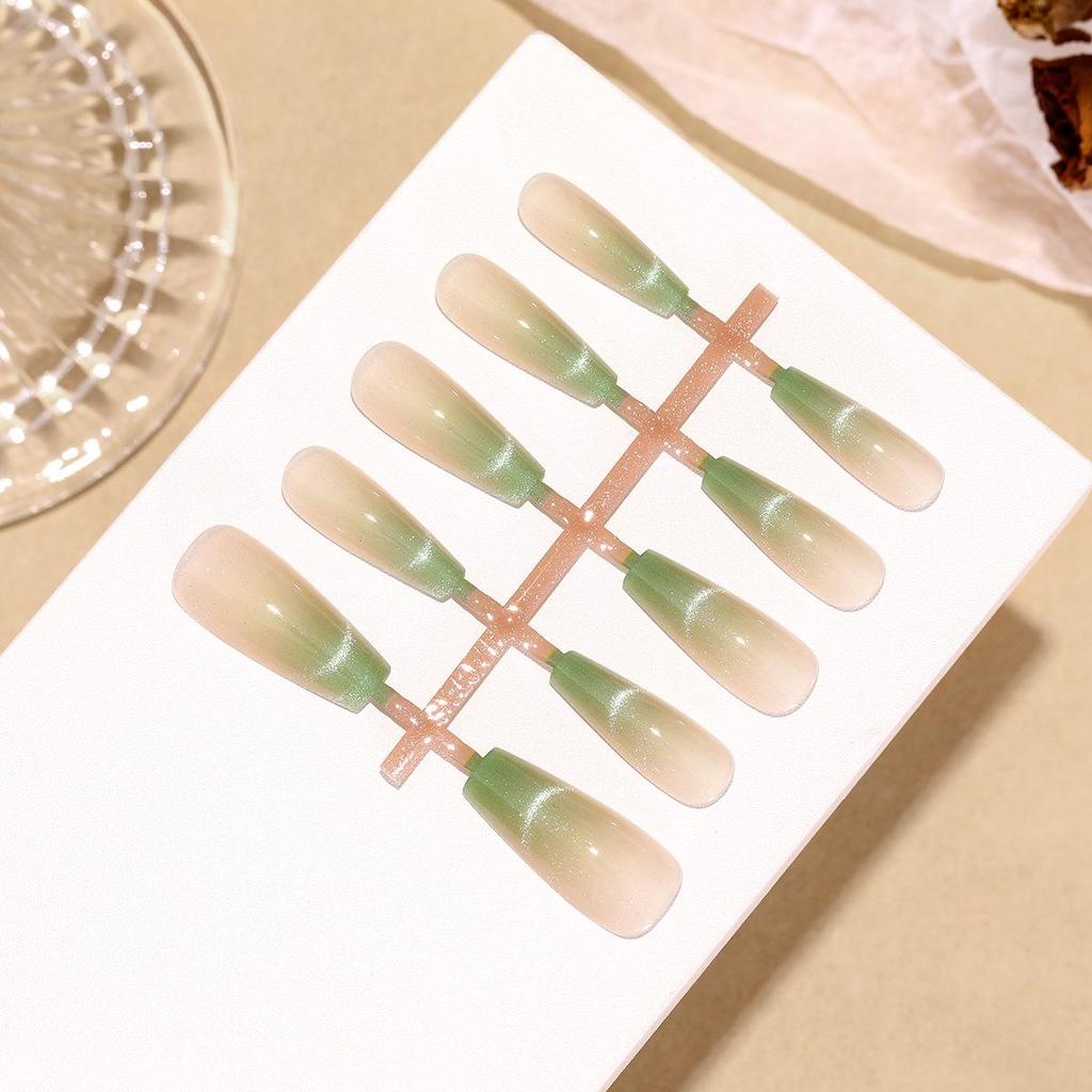 Наклейки для ногтей T190 Кошачий глаз Трапеция, Французский зеленый градиент, 30 шт., XS/S/M, Простые съемные