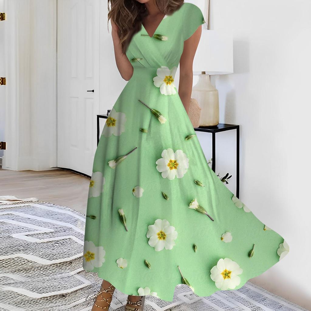Женское длинное повседневное платье. Летнее платье с короткими рукавами и v-образным вырезом на талии с принтом.