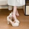 Белые водонепроницаемые туфли-лодочки на высоком каблуке с бантом женские 2025 новая коллекция с острым носком на толстом каблуке Мэри Джейн одинарные туфли не утомляют