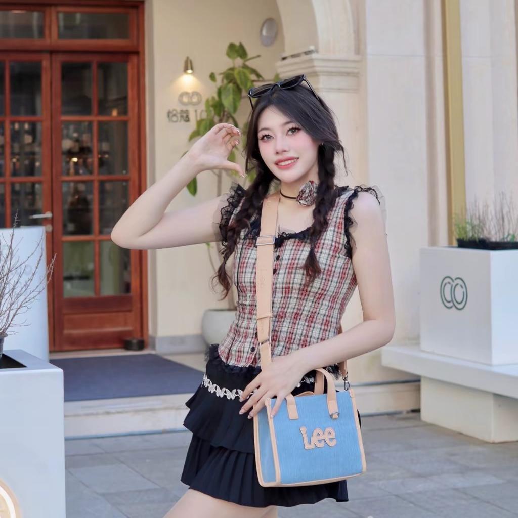 New Lee Fabric+Artificial Leather Tote Shoulder Bag, Crossbody Bag, Handbag Regular Women's Light Denim Blue LE240074M-521