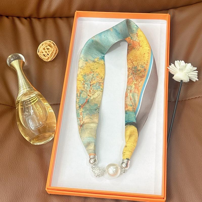 Silk Scarf Women's Spring, Autumn and Summer New Fashion Neck Protection Decoration Long Necklace Type Magnetic Buckle Scarf Small Scarf