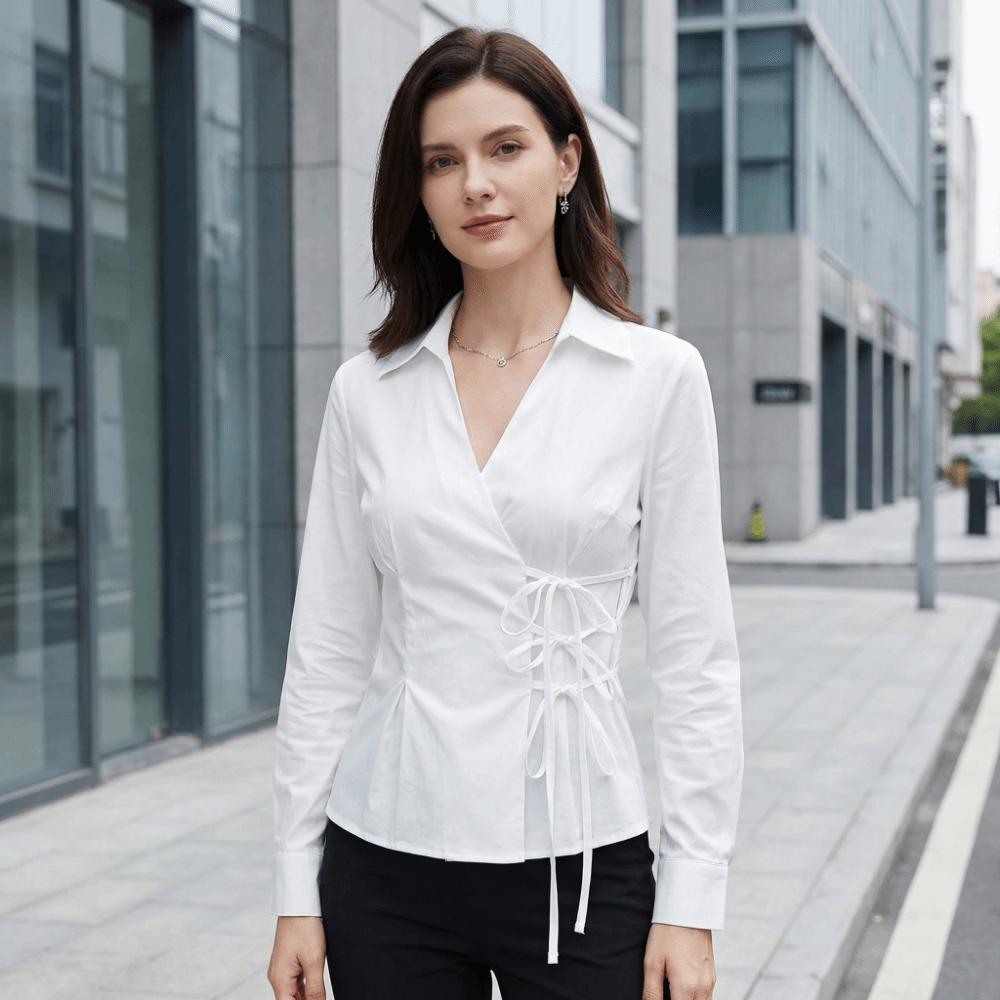 V-neck Slim Fit Shirt Long-sleeved Office Aesthetic Blouse Fashion Women Tie-Waist Shirt Lady
