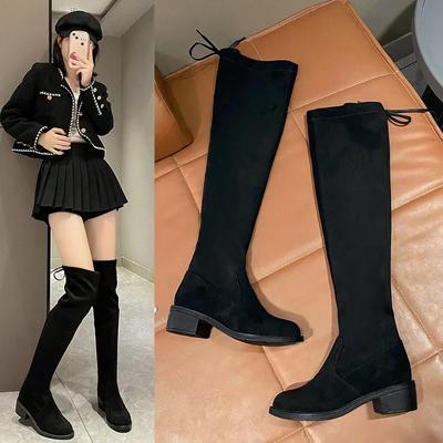 2024 Лидер продаж выше колена осень и зима новые облегающие черные замшевые ботинки на шнуровке с заниженной спиной женская трендовая обувь для женщин