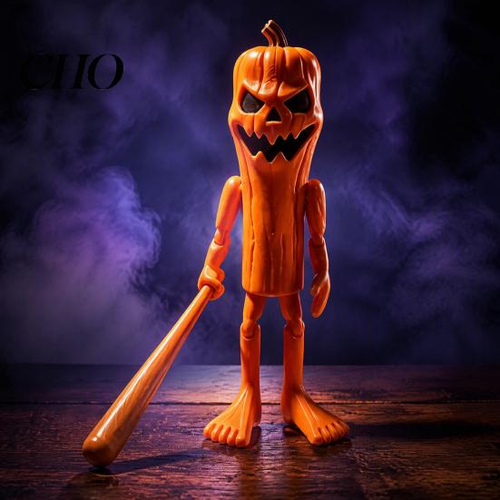 Creative Halloween Gifts 3D Printed Articulated Pumpkin Stick Figure Ornament with Baseball Bat Accessory, Movable Joints Desktop Fun Decorations