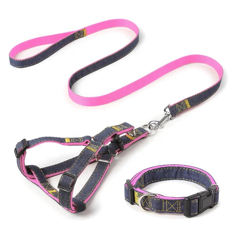 Premium Quality Durable Denim Dog Leash Harness Set Stylish Fur Collar Simple Design Small Medium Sizes for Cats Furry Friends