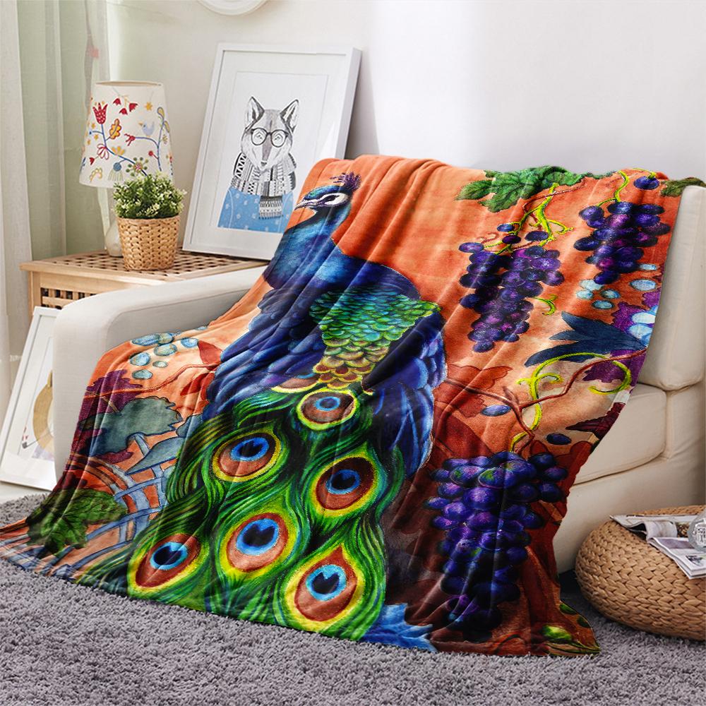 1Pc Peacock Oil Painting Print Flannel Blanket, High quality Comfortable for All Seasons, Home Decor, Warmth and Comfort, Perfect for Christmas Gifts