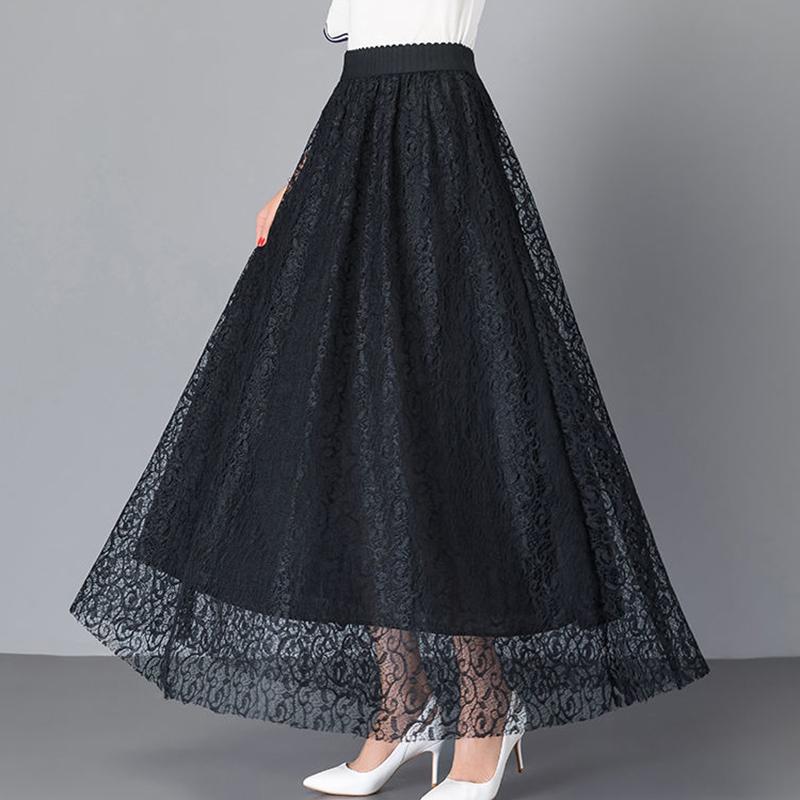 Осенне-зимняя кружевная юбка, эластичная юбка средней длины с высокой талией, универсальная длинная юбка большого размера, женская трапециевидной формы