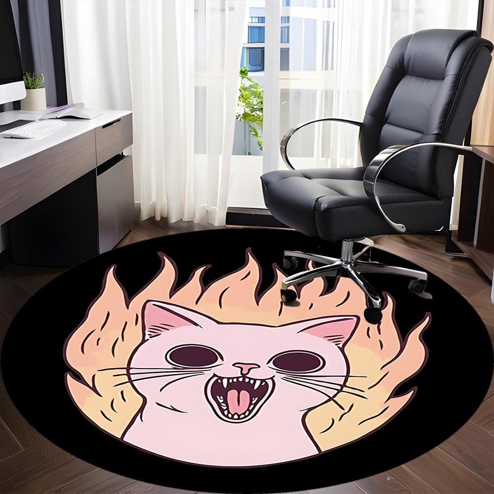 1pc Flaming Cat Office Round Area Rug,  Mat Suitable For Office, Under Office Chairs Bedroom Living Room Home Decor, Room Deco