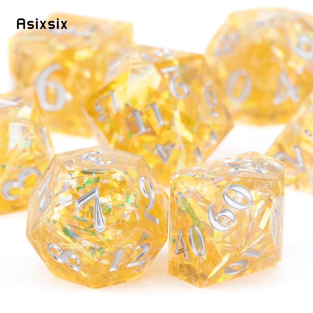 7 шт. желтая смола, белый номер, игральные кости с острыми краями, многогранные кубики, подходящие для ролевых ролевых игр, настольная игра