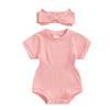 Newborn Girl Outfit 3 6 9 12 18 Months Short Sleeve Crew Neck Solid Bodysuit with Bowknot Headband Summer Clothes