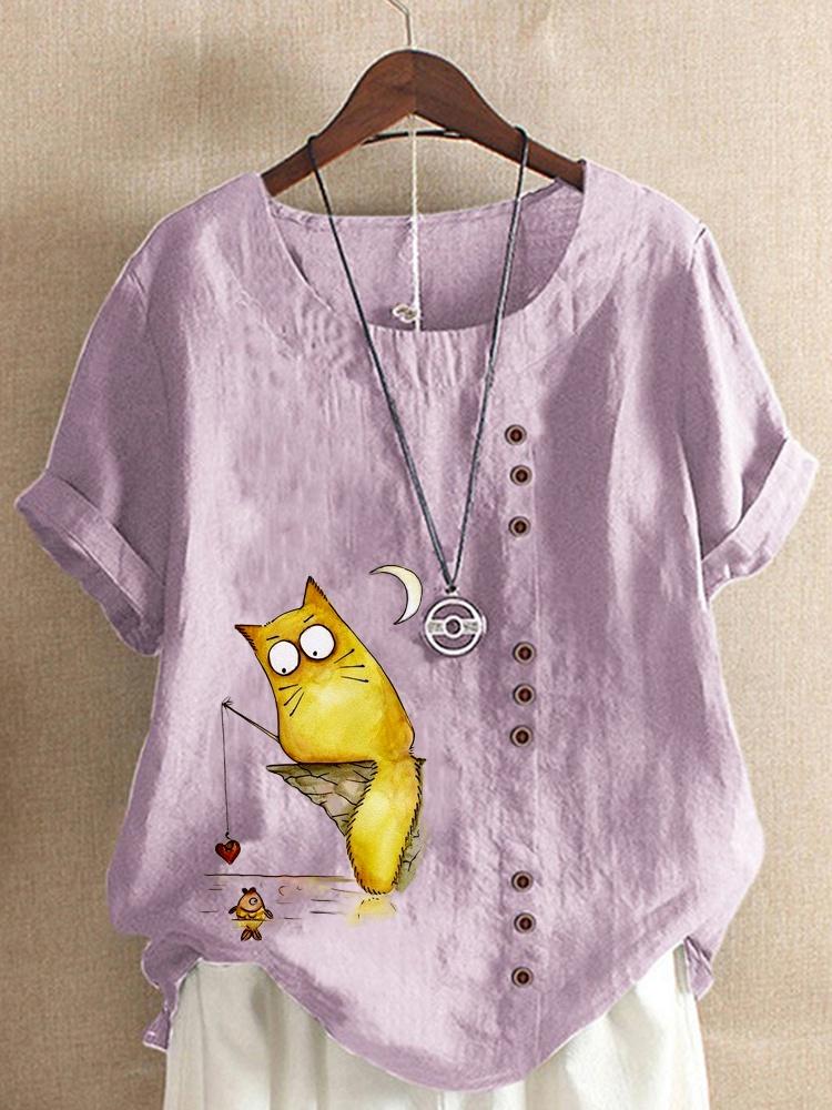 Women's Linen Shirt Round Neck Short Sleeve Cartoon Cats Printed T-shirt Summer Ladies Casual Plus Size Blouse Tops