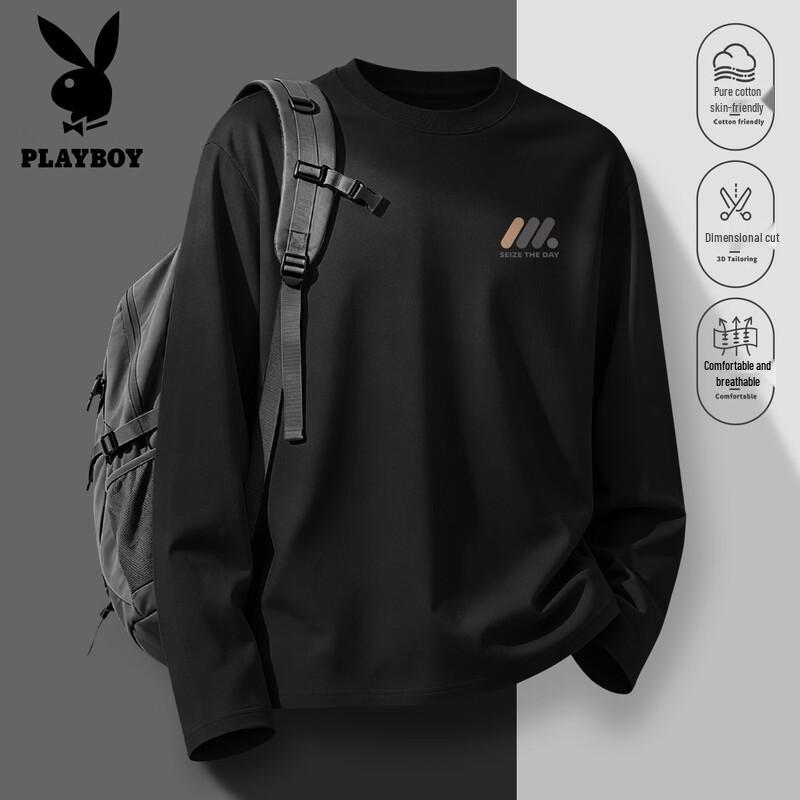 PLAYBOY Men's Relaxed Fit Crew Neck Long Sleeve Cotton T-Shirt
