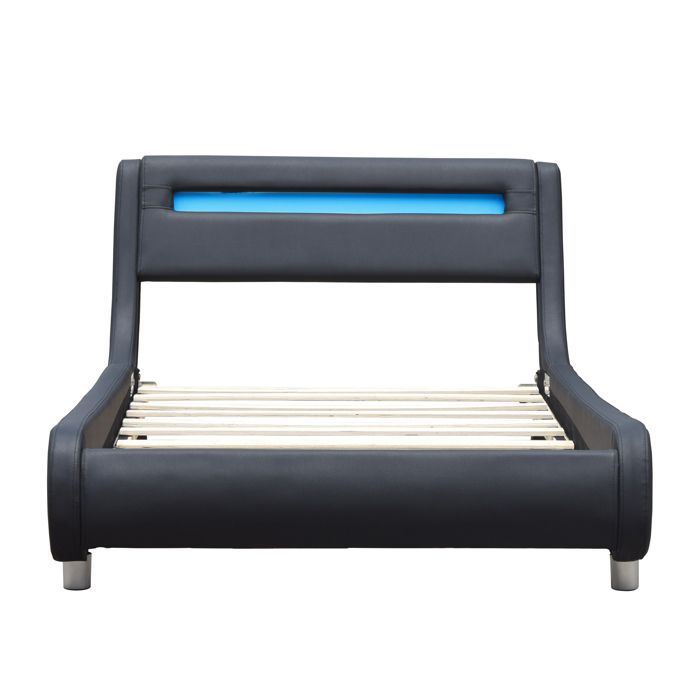 Lit gina pour matelas 90x200 - Sommier Tte de Lit Incurvee Couleur NOIR Pieds en 5 cm - 13 Lattes - revetement PVC