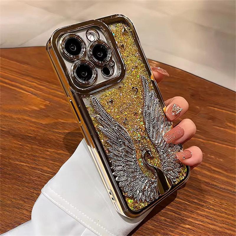 Роскошный чехол для телефона с блестками Quicksand Cartoon Swan для iPhone 15 11 12 13 14 16 Pro Max Plus, защитный чехол для камеры