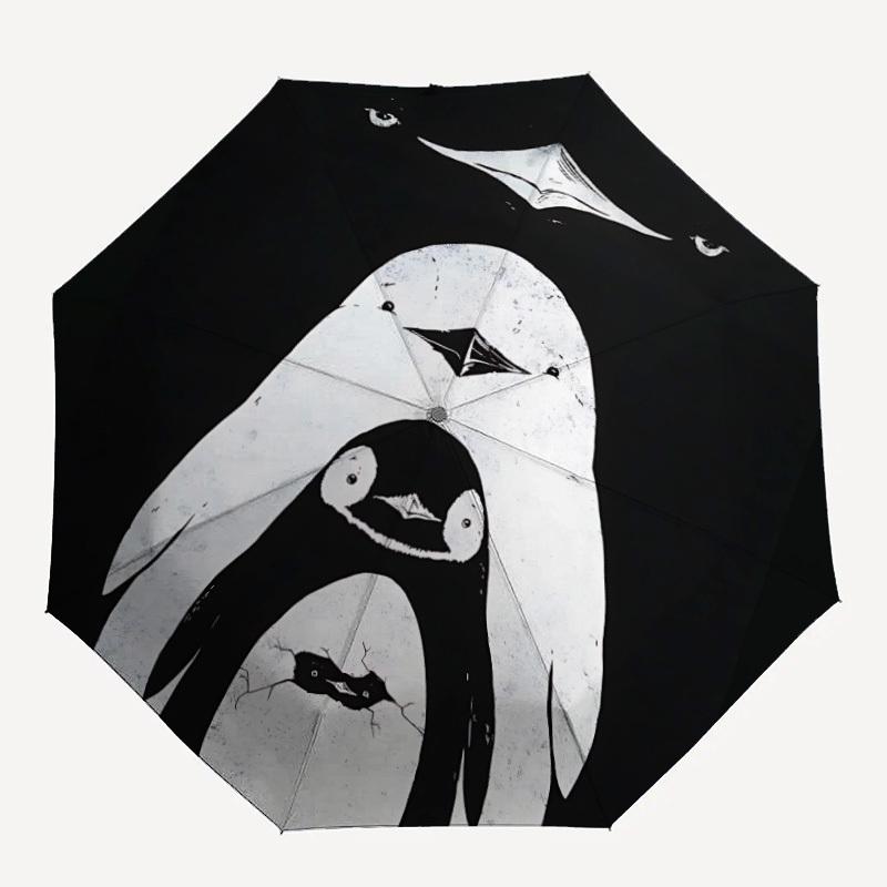 1pc Penguin Family Adventure Auto Open/close, 8-Rib Iron Frame, Compact Folding Cute Umbrella All-Season Portable Umbrella for Travel 030