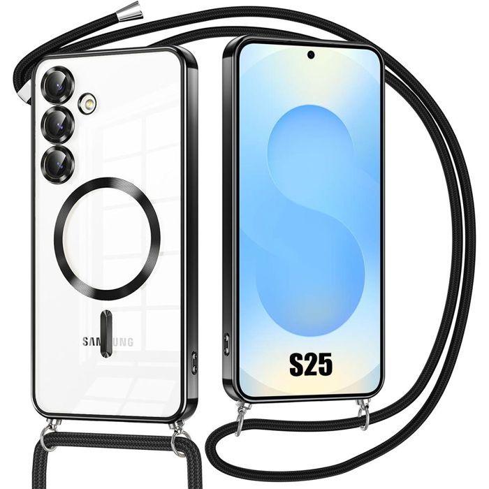 Coque pour Samsung Galaxy S25 - avec Protection Objectif Cercle Magnétique et Cordon - Noir