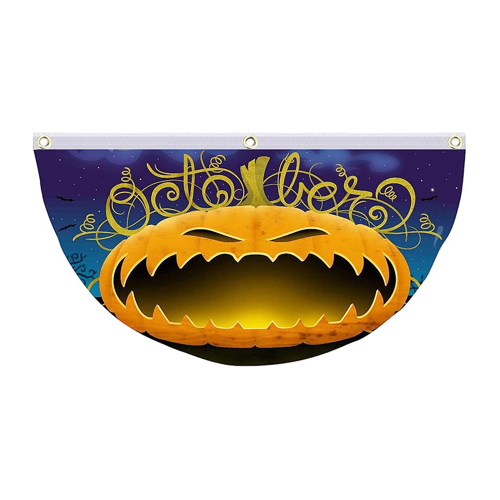 Halloween Theme Fan Banner 45x90cm Polyester Fabric Semi Circular Flag with Printed Ghost Pumpkin Bat Elements for Indoor Outdoor Decoration