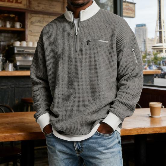Мужская вафельная толстовка на молнии до четверти с воротником-стойкой, повседневный пуловер, блок цветов, топ с длинным рукавом для офиса, улицы, спортзала